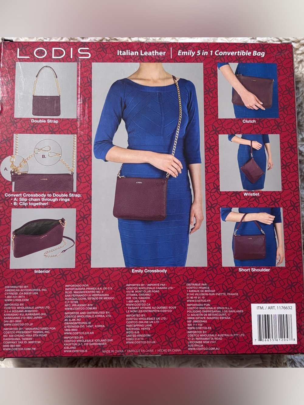 Lodis Emily Italian Leather 5 in 1 Convertible Bag in Wine Color NWT - Picture 2 of 2